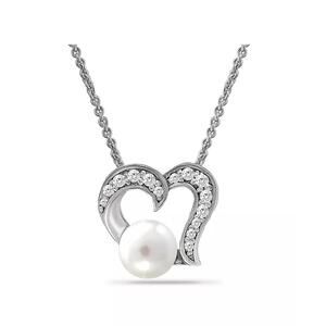 White Cultured Pearl and Cubic Zirconia Pave Heart Pendant Necklace